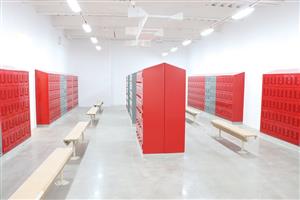 Locker room with red lockers